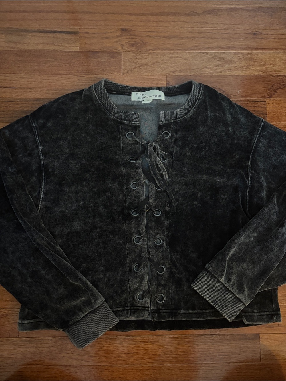 Vintage Havana Black Velour Lace Up Gray Distressed Sweater Women’s Size Medium